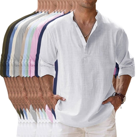 Cotton Linen Shirts for Men Lightweight Casual Long Sleeve Henley Beach Hawaiian Tops Hot Pink M