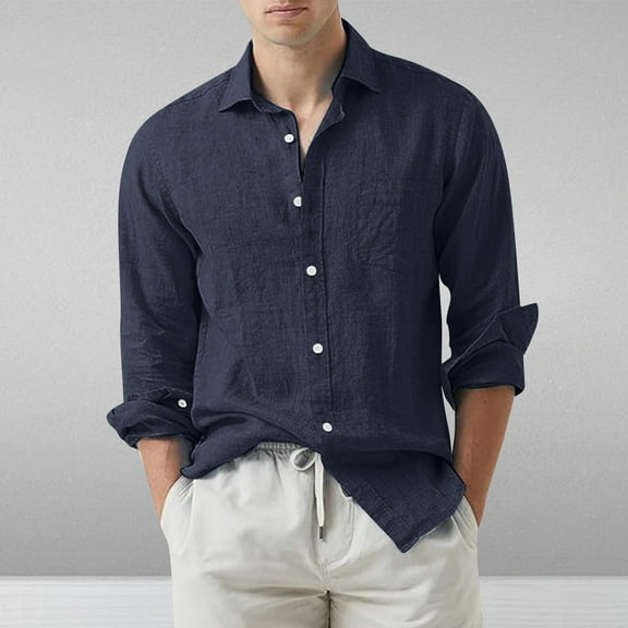 Cotton Linen Shirts for Men Long Sleeve Button Down Collar T Shirt Casual Solid Color Loose Lightweight Comfort Basic Lapel Tops T-Shirts