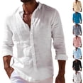thumbnail image 1 of Cotton Linen Shirts for Men Long Sleeve Button Down Lapel Collar Tops Regular Fit Summer Daily Casual Shirts, #01 White, L, 1 of 5