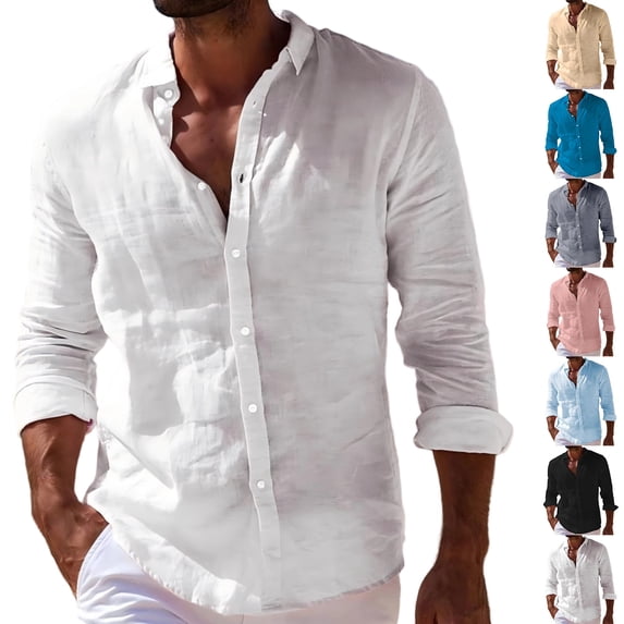 Cotton Linen Shirts for Men Long Sleeve Button Down Lapel Collar Tops Regular Fit Summer Daily Casual Shirts, #01 White, L