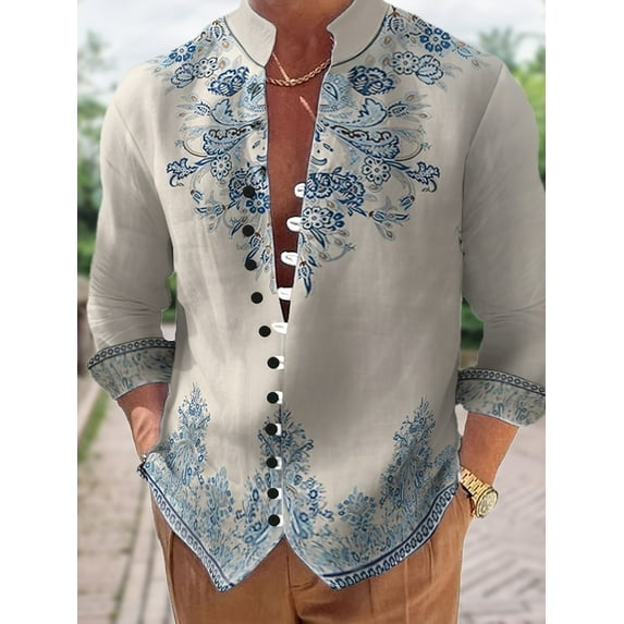 Cotton Linen Shirts for Men Long Sleeve Button Down Shirts Summer Beach Shirts Loose Fit Casual Shirts Vacation Tops Blue XXL