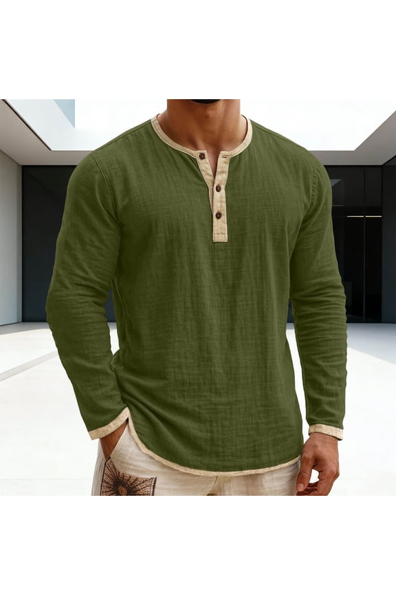 Cotton Linen Shirts for Men Oversized Button Placket Henleys Long Sleeve T Shirts Casual Solid Plus Size V Neck Button Loose Fits Summer Tee Shirt