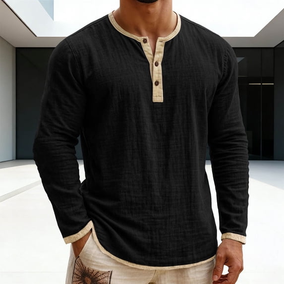 Cotton Linen Shirts for Men Oversized Button Henleys Long Sleeve Shirts Casual Solid Plus Size Loose Fits Summer T Shirts