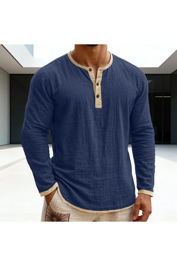 Cotton Linen Shirts for Men Oversized Button Placket Henleys Long Sleeve T Shirts Casual Solid Plus Size V Neck Button Loose Fits Summer Tee Shirt