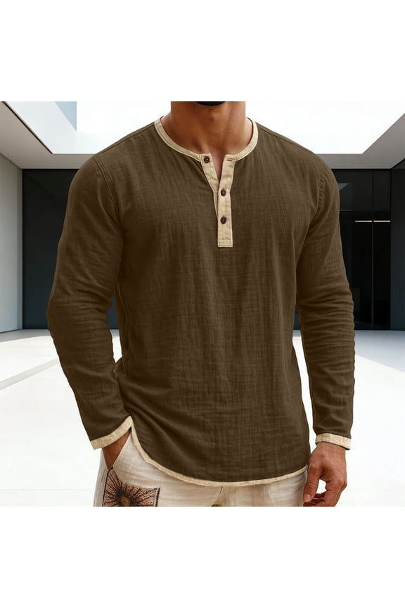 Cotton Linen Shirts for Men Oversized Button Placket Henleys Long Sleeve T Shirts Casual Solid Plus Size V Neck Button Loose Fits Summer Tee Shirt