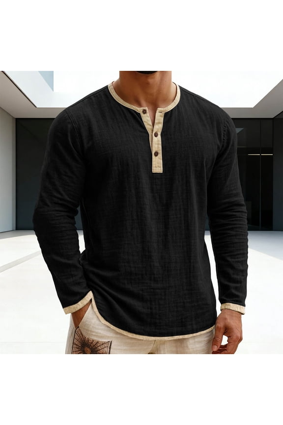 Cotton Linen Shirts for Men Oversized Button Placket Henleys Long Sleeve T Shirts Casual Solid Plus Size V Neck Button Loose Fits Summer Tee Shirt