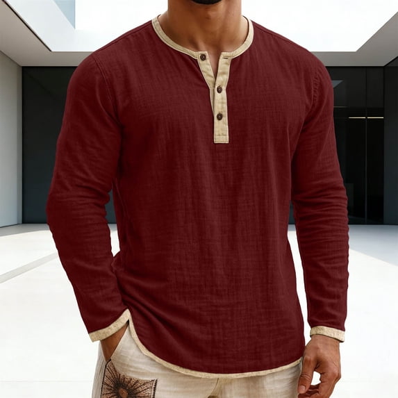 Cotton Linen Shirts for Men Summer Long Sleeve Button Henleys Tops Casual Solid Loose Fits Ligthweight Comfy T Shirt