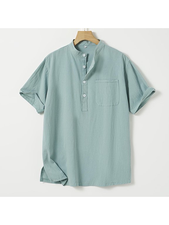 Cotton Linen Shirts for Men Oversized Button Placket Short Sleeve T Shirts Casual Solid Plus Size Loose Comfy Summer Beach Henleys Tee Shirt Top