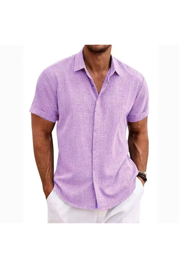 Cotton Linen Shirts for Men Short Sleeve Blouse Button Down Dress Untuckit Shirts Beach Summer Wedding Hawaiian Outfit Purple XL