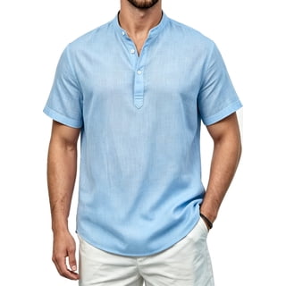 Cotton Linen Shirts for Men Short Sleeve Casual Holiday Beach Grandad Collar Henley Shirt Sky Blue