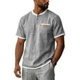 thumbnail image 1 of Cotton Linen Shirts for Men Short Sleeve Collarless Button Henley Shirt Casual Beach Oversized T-Shirts with Pockets,Gray,2XL, 1 of 8
