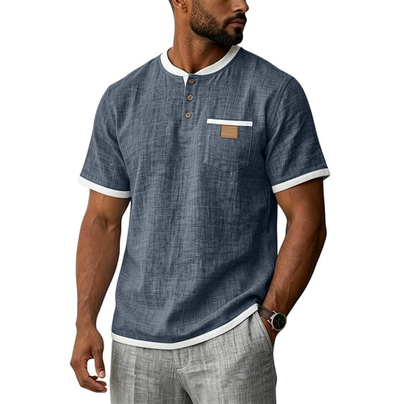 Cotton Linen Shirts for Men Short Sleeve Collarless Button Henley Shirt Casual Beach Oversized T-Shirts with Pockets,Navy,S