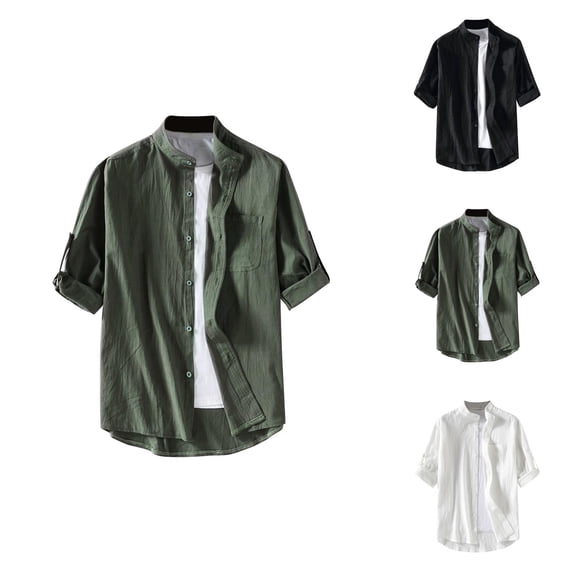 Cotton Linen Shirts for Men Spring Summer Casual Short Sleeve Button Down Stand Collar Lightweight Beach Tshirts
