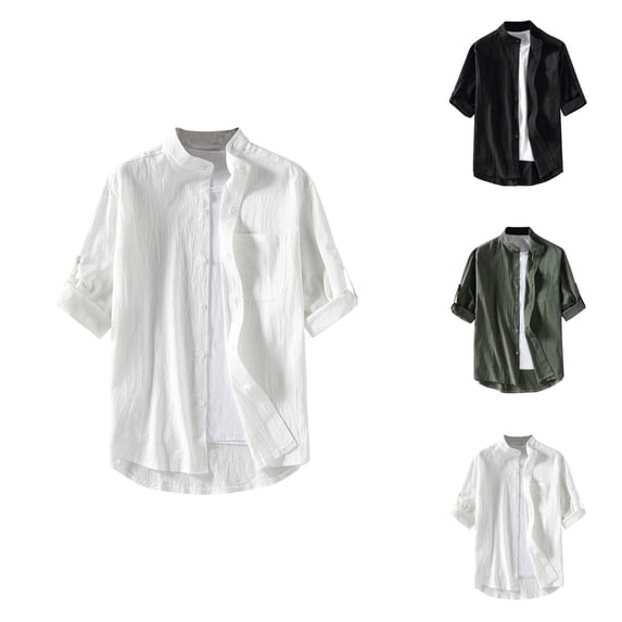 Cotton Linen Shirts for Men Spring Summer Casual Short Sleeve Button Down Stand Collar Lightweight Beach Tshirts
