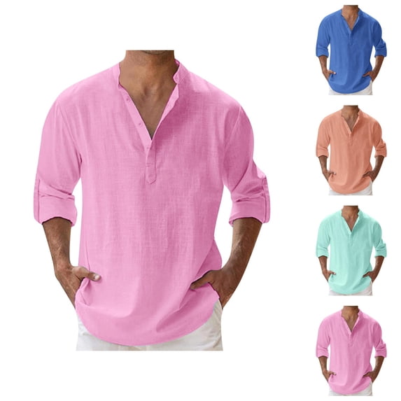 Cotton Linen Shirts for Men Spring Summer Long Sleeve Band Collar Lightweight Relaxed Fit Casual Vacation Beach Shirt