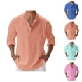 thumbnail image 1 of Cotton Linen Shirts for Men Spring Summer Long Sleeve Band Collar Lightweight Relaxed Fit Casual Vacation Beach Shirt, 1 of 6