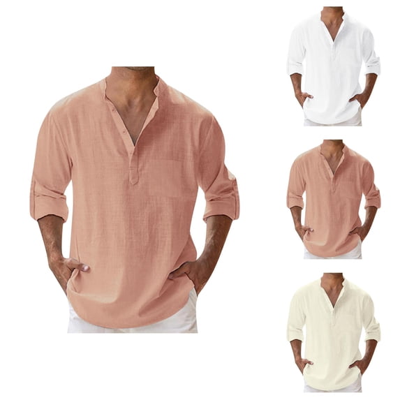 Cotton Linen Shirts for Men Spring Summer Long Sleeve Band Collar Lightweight Relaxed Fit Work Shirts