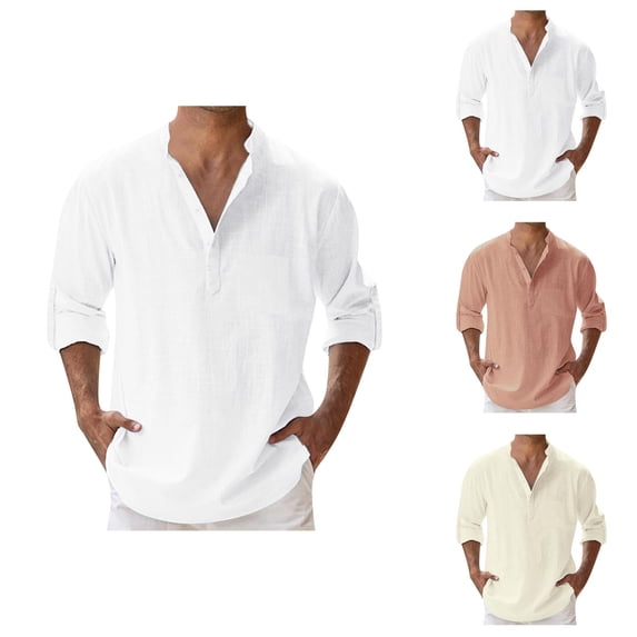 Cotton Linen Shirts for Men Spring Summer Long Sleeve Band Collar Lightweight Relaxed Fit Work Shirts