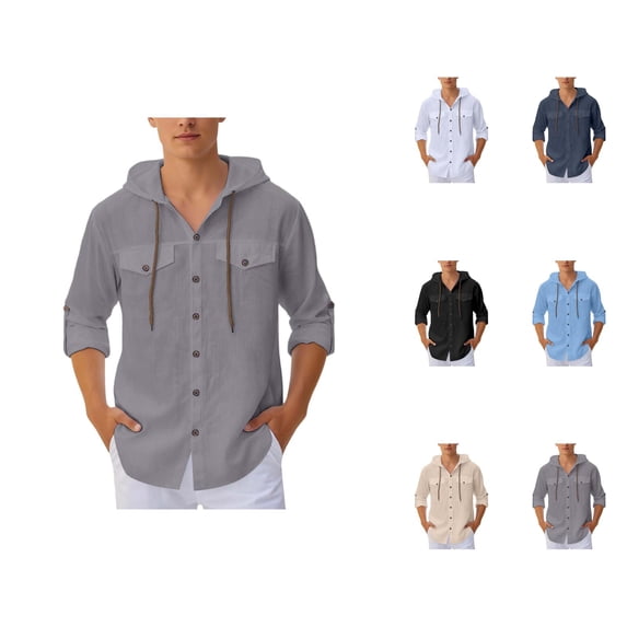 Cotton Linen Shirts for Men Summer Casual Long Sleeve Button Down Relaxed Fit Lightweight Hooded Beach Shirt Jacket