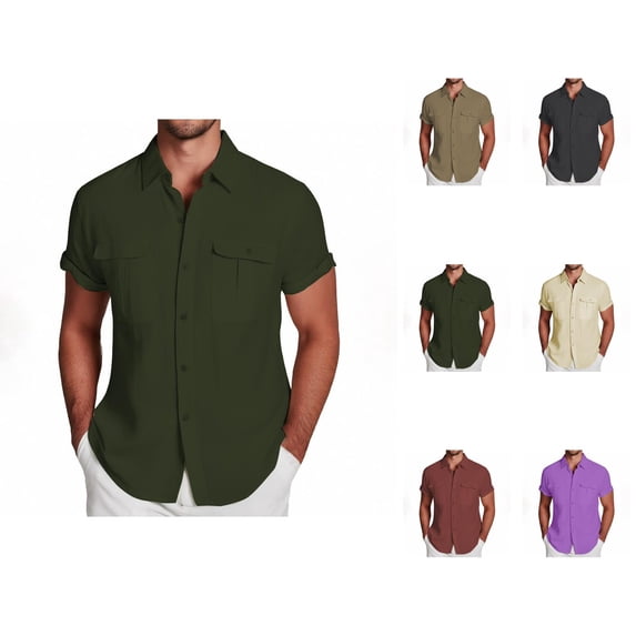 Cotton Linen Shirts for Men Summer Short Sleeve Button Down Collared Lightweight Business Casual Formal Work Shirts