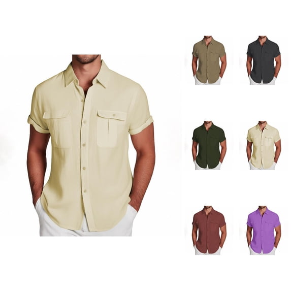 Cotton Linen Shirts for Men Summer Short Sleeve Button Down Collared Lightweight Business Casual Formal Work Shirts