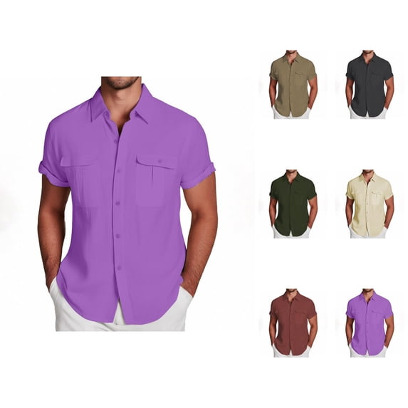 Cotton Linen Shirts for Men Summer Short Sleeve Button Down Collared Lightweight Business Casual Formal Work Shirts