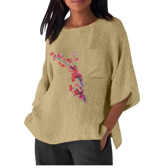 Cotton Linen Shirts for Women 2024 Women Summer Tops For Work Round Collar Boxy Top Patchwork Blouses