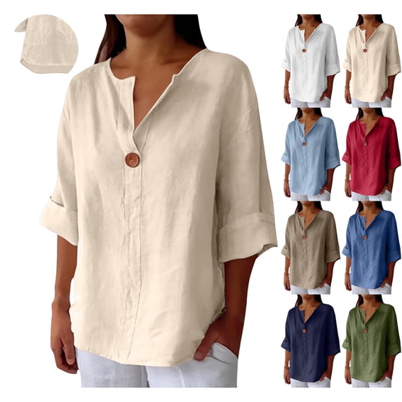 Cotton Linen Shirts for Women 2026 Summer Short Sleeve Button V Neck Tops Dressy Casual Oversized Tshirts by Yigetop Hot Pink M