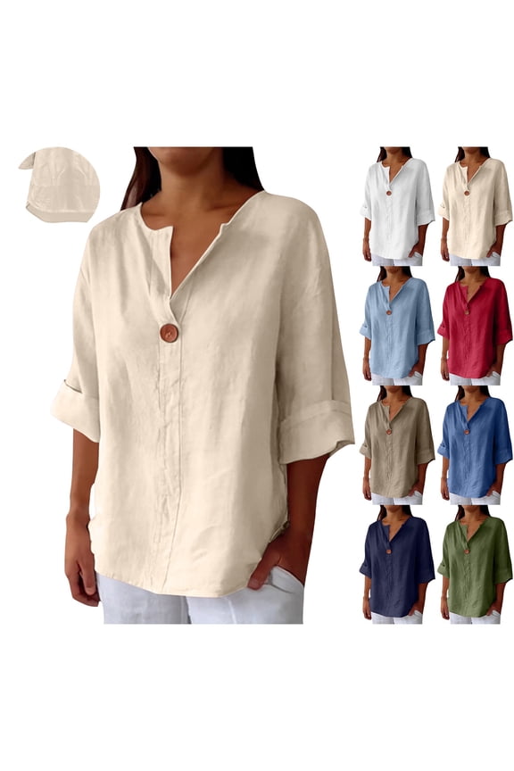 Cotton Linen Shirts for Women 2026 Summer Short Sleeve Button V Neck Tops Dressy Casual Oversized Tshirts by Yigetop Sky Blue 2XL