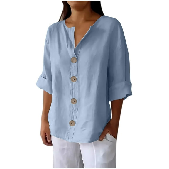 Cotton Linen Shirts for Women 3/4 Sleeve Casual Button Down Dress Shirt V-neck Lightweight Loose Fashion Work Blouse Tops