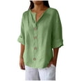 thumbnail image 1 of Cotton Linen Shirts for Women 3/4 Sleeve Casual Button Down Dress Shirt V-neck Lightweight Loose Fashion Work Blouse Tops, 1 of 5