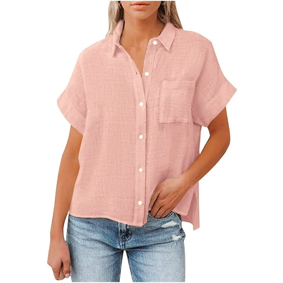 Cotton Linen Shirts for Women Basic Button Up Shirts Roll Up Short Sleeve Collared V Neck Solid Casual Work Blouses