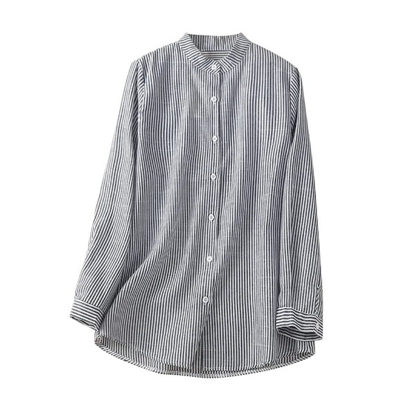 Cotton Linen Shirts for Women Button Down Long Sleeve Striped Tees Shirts Casual Loose Comfy Tunic Office Blouses