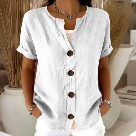 Cotton Linen Shirts for Women Button Down Short Sleeve Tunic Tops Solid ...