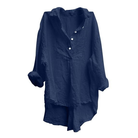 Cotton Linen Shirts for Women Buttons V Neck Long Sleeve Long Tops Trendy Dressy Blouses Casual Loose Tunic Tops