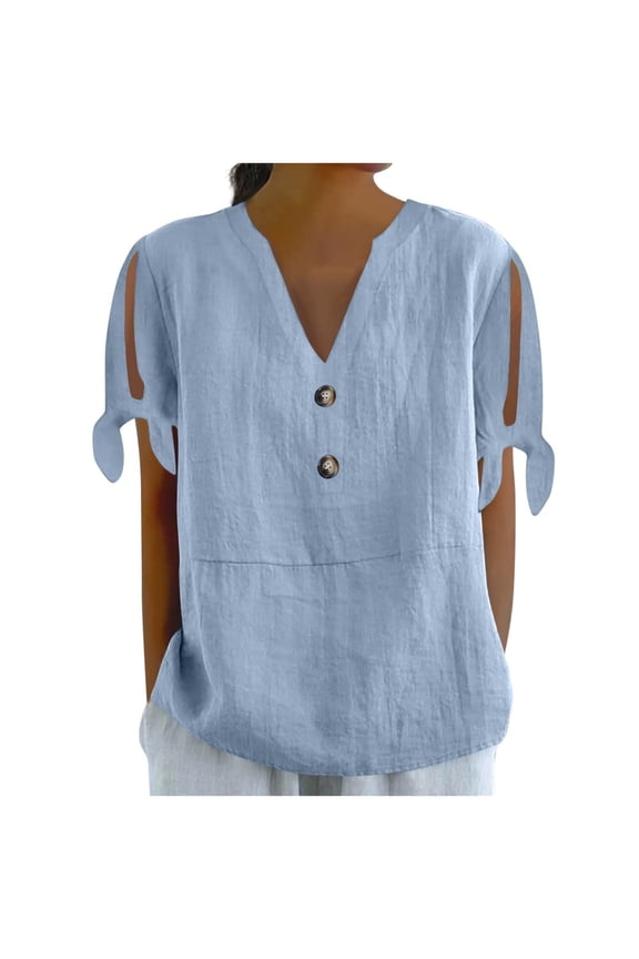 Cotton Linen Shirts for Women Cold Shoulder Knot Short Sleeve V Neck Tops Button Trendy Business Work Blouses Light Blue M