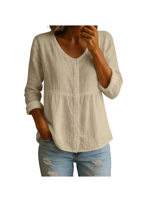 Cotton Linen Shirts for Women Empire Waist Button Down V Neck Blouses Casual Long Sleeve Lightweight Peplum Tops, L