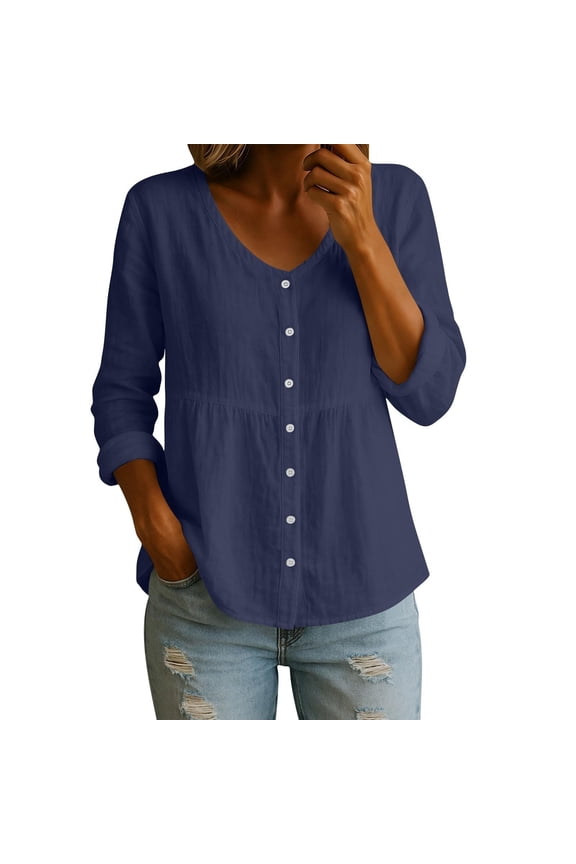 Cotton Linen Shirts for Women Empire Waist Button Down V Neck Blouses Casual Long Sleeve Lightweight Peplum Tops, S