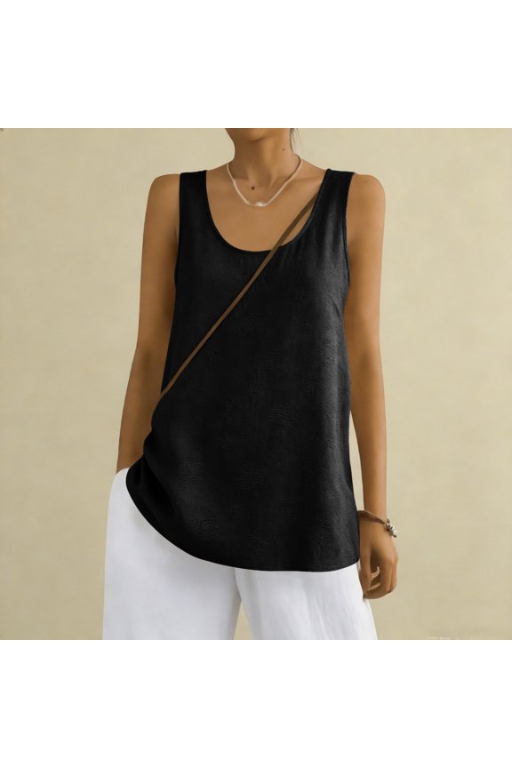 Cotton Linen Shirts for Women Jacquard Vintage Tank Tops Loose Fit Gauzy Tunic Shirts Summer Scoop Neck Classic Tees Black 2XL