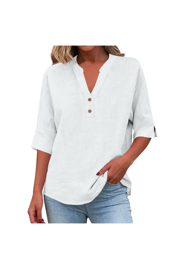 Cotton Linen Shirts for Women Loose Fit Summer Short Sleeve Tops Casual Button Henley Vneck Tshirts Shirts