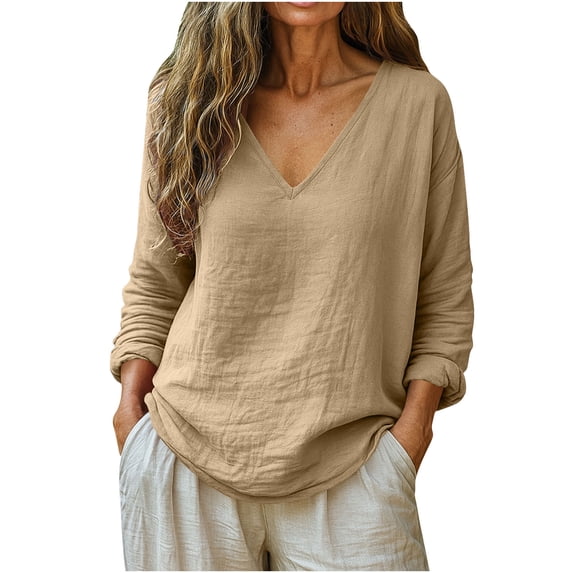 Cotton Linen Shirts for Women Spring Trendy Long Sleeve V Neck Loose Dressy Blouses Summer Beach Boho Casual Outfits 2026