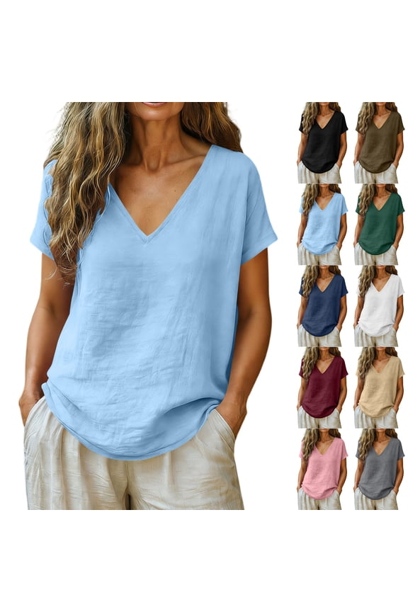 Cotton Linen Shirts for Women Summer 2026 Boho Beach Casual Blouse Spring Trendy V Neck Loose Dressy Tops Black S