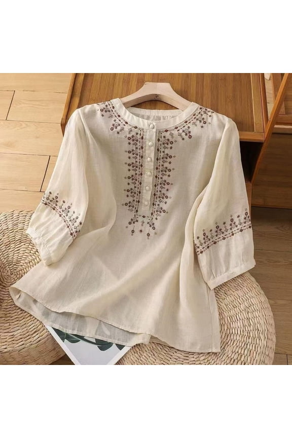 Cotton Linen Shirts for Women Summer 2026 Boho Retro Embroidered Tops 3/4 Sleeve Dressy Casual Blouses Loose Tunics Beige XL