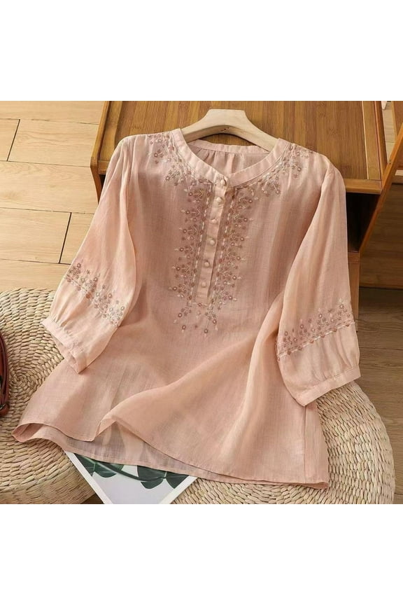 Cotton Linen Shirts for Women Summer 2026 Boho Retro Embroidered Tops 3/4 Sleeve Dressy Casual Blouses Loose Tunics Pink L