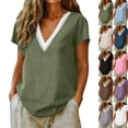 thumbnail image 1 of Cotton Linen Shirts for Women Summer Lace Trim V-Neck Tunic Tops Loose Fit Short Sleeve Tops Casual,Army Green,M, 1 of 8