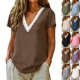 thumbnail image 1 of Cotton Linen Shirts for Women Summer Lace Trim V-Neck Tunic Tops Loose Fit Short Sleeve Tops Casual,Brown,L, 1 of 8