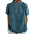 thumbnail image 1 of Cotton Linen Shirts for Women Summer Short Sleeve Casual Mock Neck Work Blouse Tunic Tops, 1 of 5