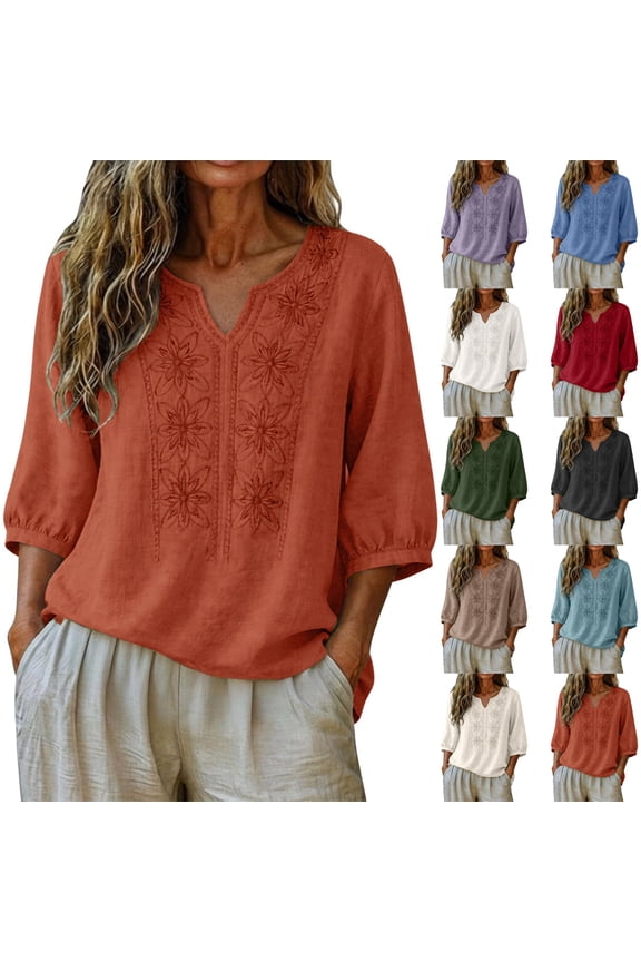 Cotton Linen Shirts for Women Trendy Retro Embroidered 3/4 Sleeve Boho Blouse Dressy Casual Bohemian Tops Loose Tunics ,3XL,#01 Orange