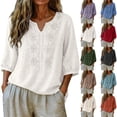 thumbnail image 1 of Cotton Linen Shirts for Women Trendy Retro Embroidered 3/4 Sleeve Boho Blouse Dressy Casual Bohemian Tops Loose Tunics ,3XL,#01 White, 1 of 6