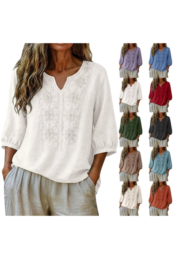 Cotton Linen Shirts for Women Trendy Retro Embroidered 3/4 Sleeve Boho Blouse Dressy Casual Bohemian Tops Loose Tunics ,3XL,#01 White